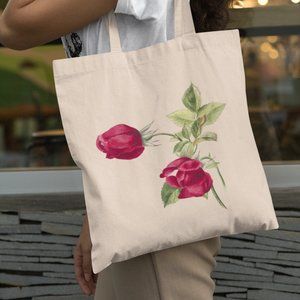 Red Roses Vintage Watercolor Floral Print Graphic Canvas Tote Bag